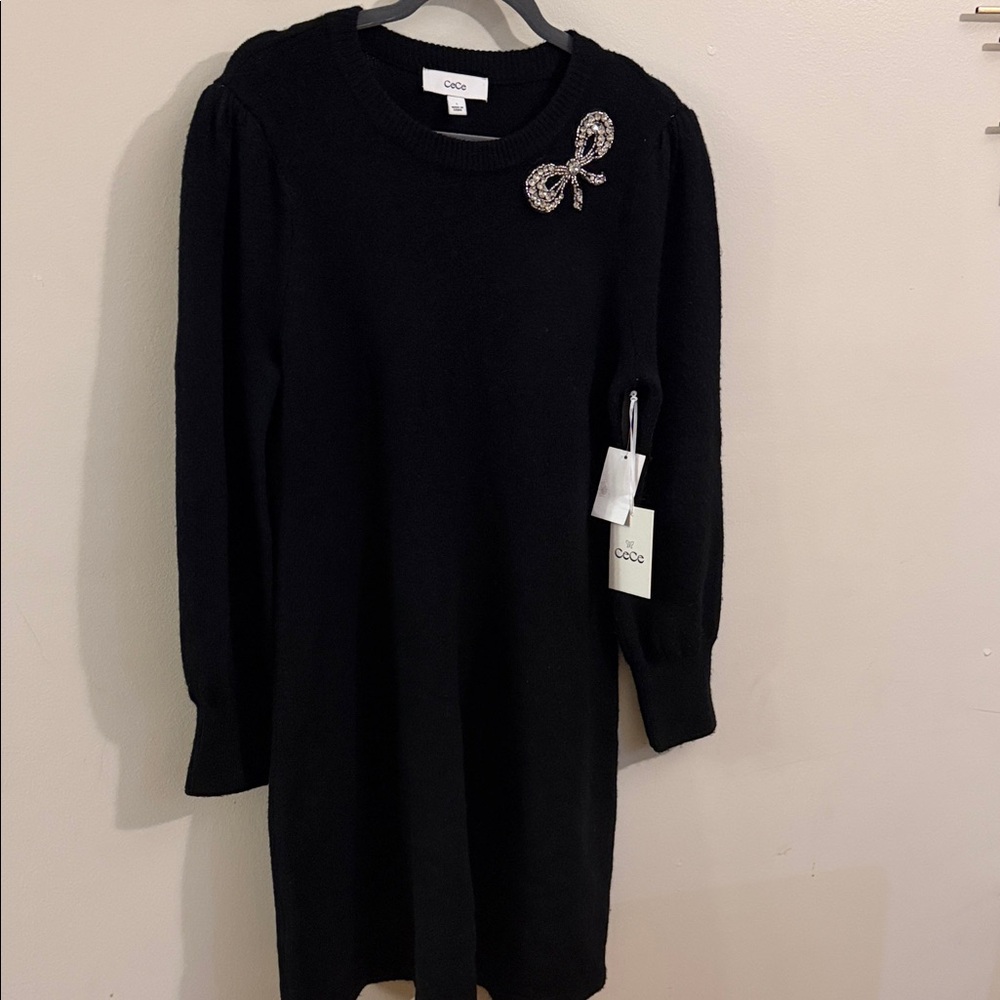 CeCe Black Long Sleeve Dress with Bow Detail
